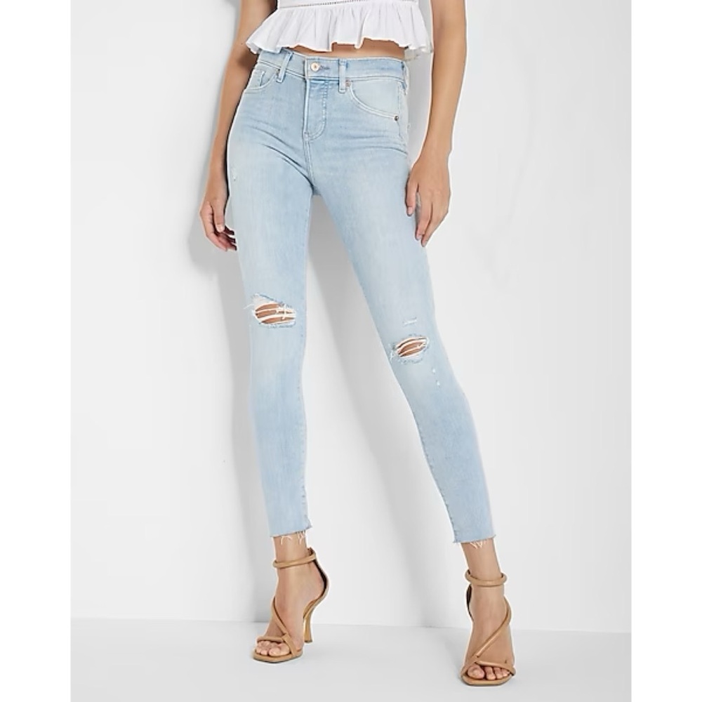 Express Mid Rise Light Wash Ripped Raw Hem Skinny Jeans 12R - Picture 2 of 6